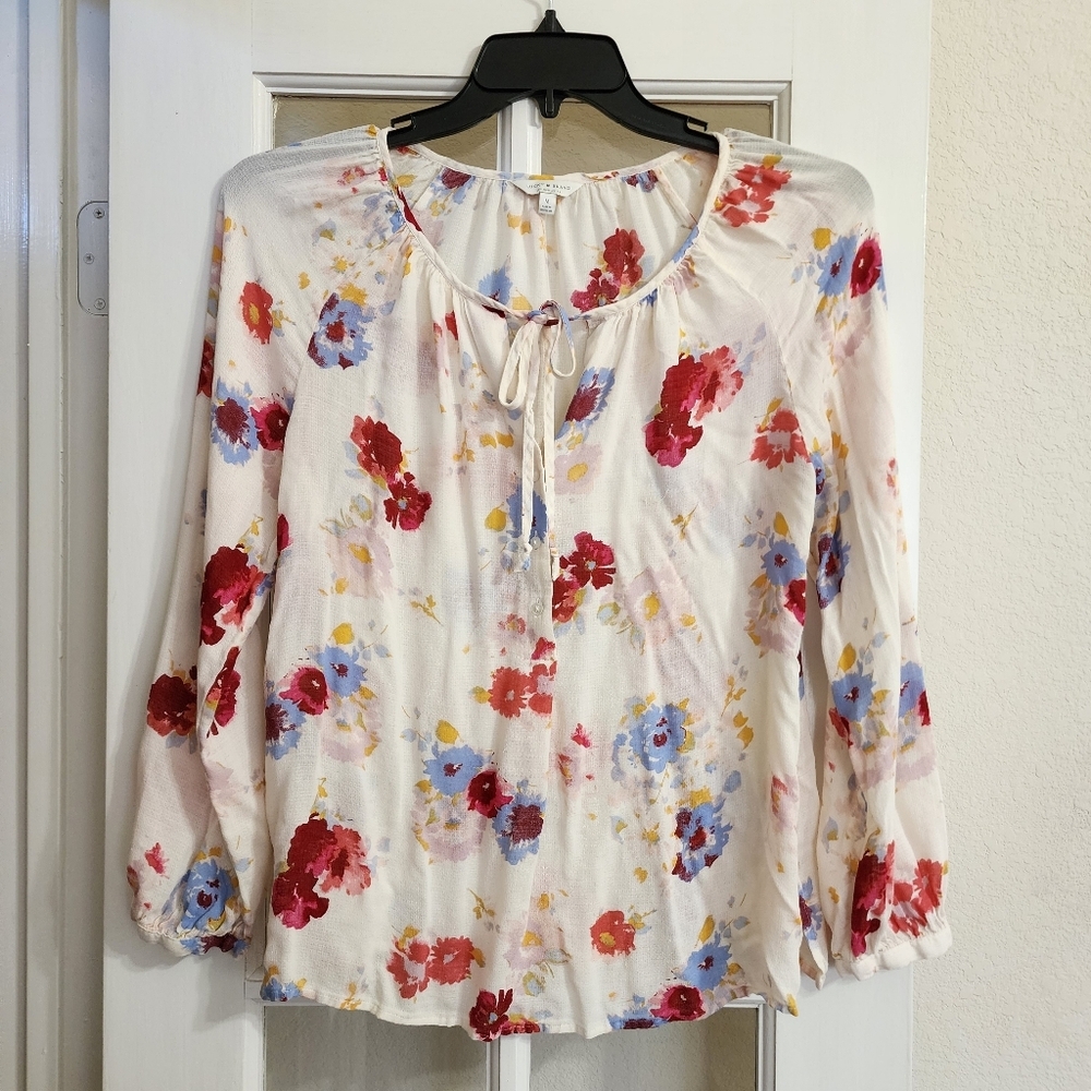 Lucky Brand Floral Blouse Medium Ivory Tie Front Long Sleeve Boho - Picture 1 of 14